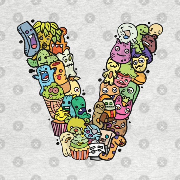 Alphabet Monster Doodle Letter V Monogram by Irene Koh Studio